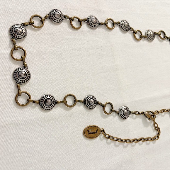 Fossil Silvertone Brasstone Chain Metal Belt Medallion Extender 36 up 42 inches - Picture 2 of 6